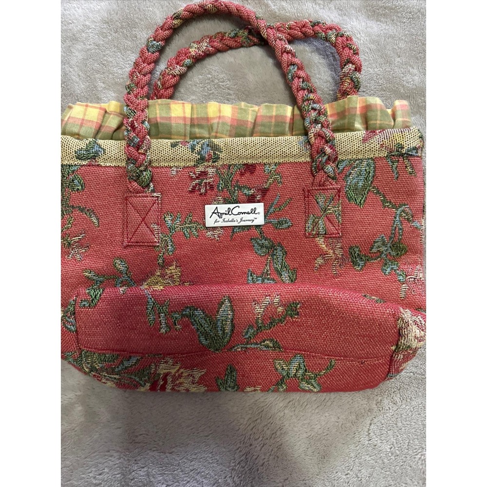 April Cornell Isabella's Journey Red Floral Tapestry Tote Bag Plaid Ruffle Trim - Picture 7 of 8